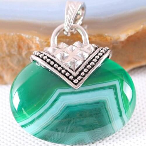 Women Jewelry Gift Natural Stone 40MM Cabochon Oval Bead Green Veins Onyx Pendant for Necklace 1Pcs K1166