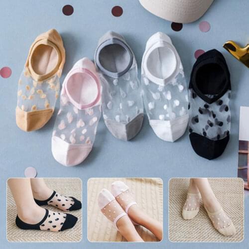 Crystal Silk Cotton Lace Mesh Boat Socks Womens Short Summer Socks Female Thin Low Cut Women Nylon Transparent Socks