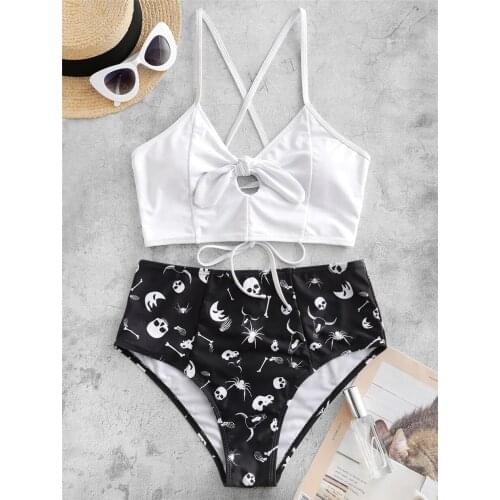 High Waisted Bikini Sets Sexy Swimsuit Shoulder Tie Set Black Skull Print Floral Swimwear Women 2020 Beach Bathing Suits