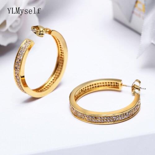 Gold-Color Circle earrings with AAA Cubic Zirconia crystal stones high quality Trendy jewelry Round Hoop Earrings for women