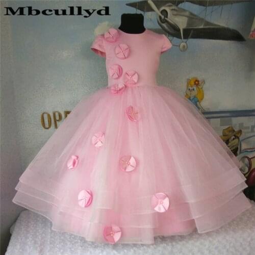 Mbcullyd Real Picture Pink Flower Girls Dress Baby Girl Clothes Lace 3D Flowers Puffy Tulle Kids Birthday Gown Custom Made