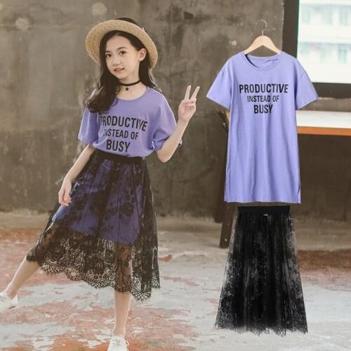Fashion Teenage Clothes Sets For Girls Summer Letter Print 2Pcs Sets Cotton Tshirt + Lace Skirt Kids Outfits Suit 4 7 9 11 12 14