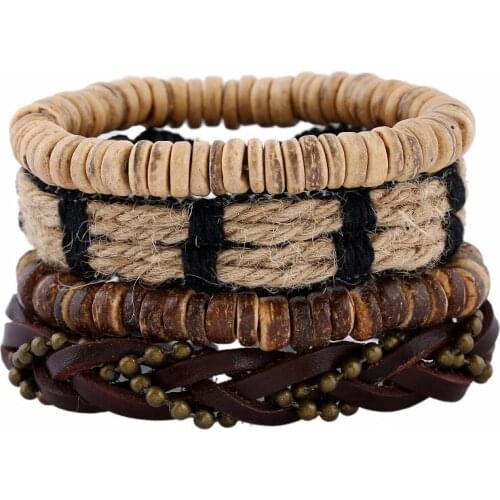 Handmade Woven DIY 4 Pcs/set Vintage Punk Coconut Beads Men Genuine Leather Bracelets For Women Homme Femme Jewelry Accessories