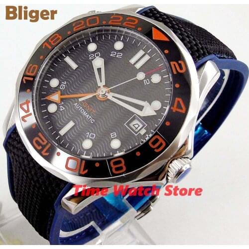 Bliger 41mm GMT 3804 Automatic watch men waterproof steel black dial Date ceramic bezel canvas rubber strap red marks B310