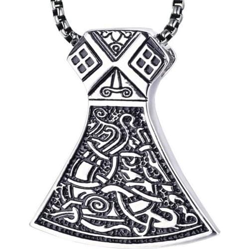 RIR Norse Viking Axe Scandinavian Pendant Necklace Thor Odin Loki Asgard Hammer Mjolnir Stainless Steel Mens Necklaces