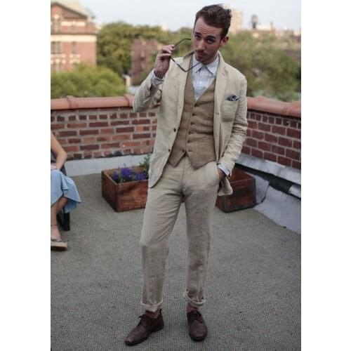 2020 Fashion Beige Linen Summer Beach Men Suit Slim Fit Tuxedo Custom Groom Blazer Terno Masculino 3 Pieces Jacket+Pant+Vest