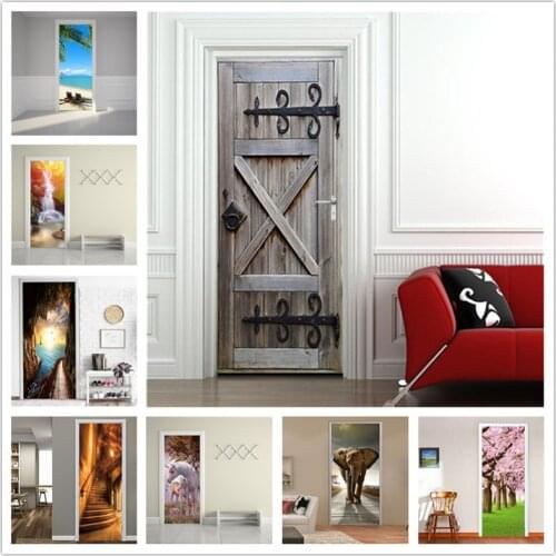 3D Wood Stickers for Door Vinyl Waterproof Self Stick Wallpaper Home Decoration Removable Doors Mural Decals Living Room Bedroom