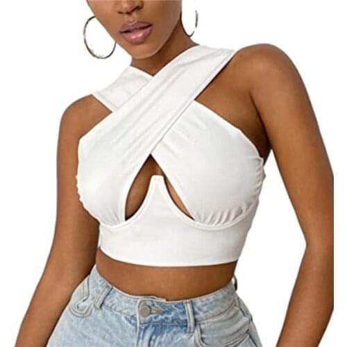 2021 New Womens Sexy Criss Cross Tank Tops Fashion Sleeveless Solid Color Cutout Front Crop Tops Brown/Black/Grey/Purple