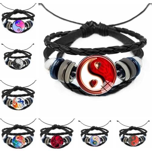 Taiji Bagua Charm Glass Cabochon Leather Bracelets Multi Layers Weave Handmade Punk Black Men Bracelets