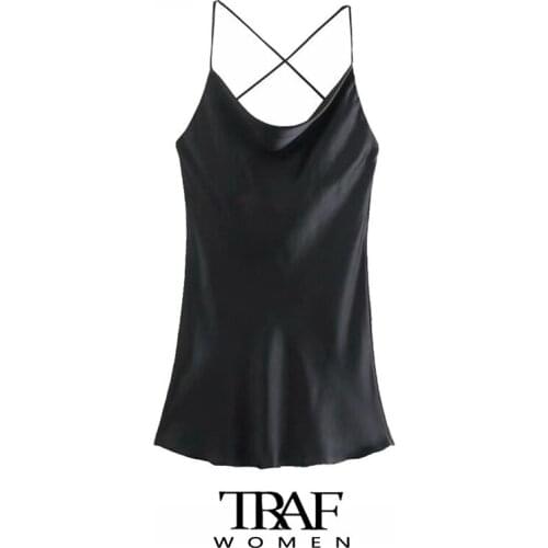 TRAF Za Women Chic Fashion With Lining Soft Touch Mini Dress Vintage Backless Cross Thin Straps Female Dresses Mujer
