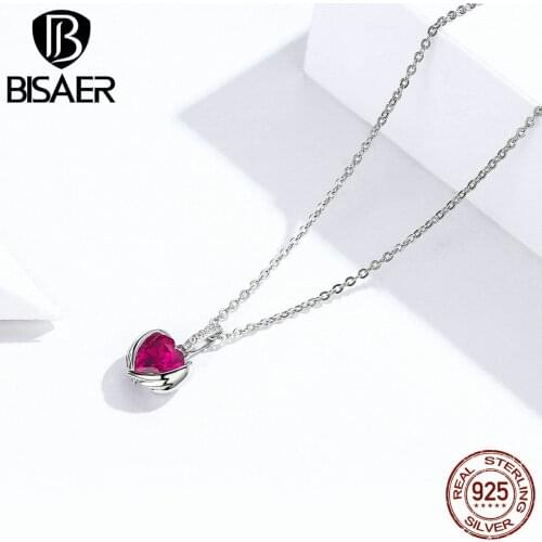 Valentine Gift BISAER 925 Sterling Silver Guardian Love Heart Small Necklaces Collar for Women Luxury Silver Jewelry ECN341