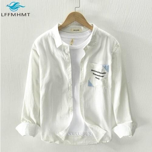 Spring Autumn Fashion Men Letter Embroidery Pocket Long Sleeve Lapel Shirt Japan Style Simple Casual Comfortable Cotton Top Male