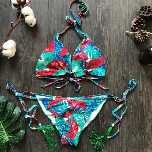 Sexy Floral Printed Micro Bikini 2021 Swimwear Women Lace Up Bandage Green Push Up Thong Swimwear Brazilian Bather Bathing Suit