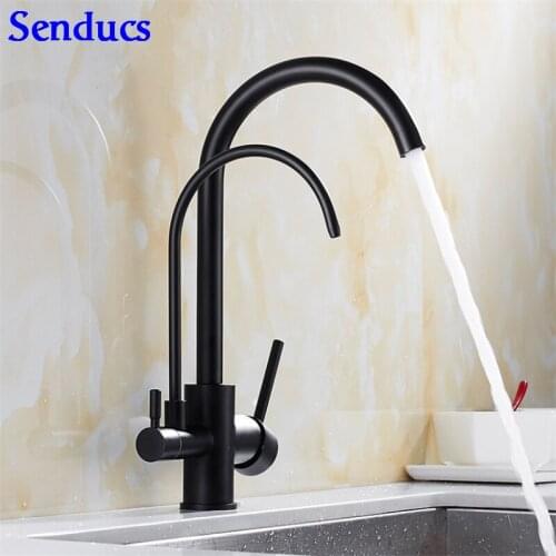 Senducs Black Filter Kitchen Mixer Tap Dual Handle Black Kitchen Sink Faucet Deck Mounted Brass Pure Kitchen Water Tap