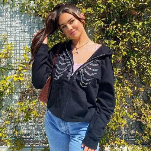 Rhinestone Hoodies WomenS Oversized Sweatshirts Harajuku Pockets Hooded Zip Up Jacket Autumn Top 2021