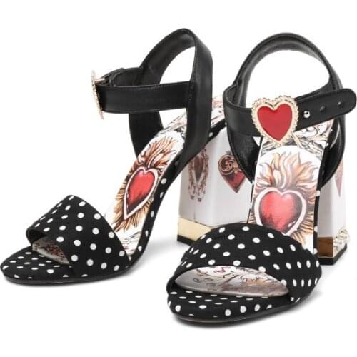 US4-11 Womens Peep Toe Polka Dot Printed Heart Pearls Rivet Sandals Block Heel Slingback Ankle Buckle Shoes Pumps Plus Size C550