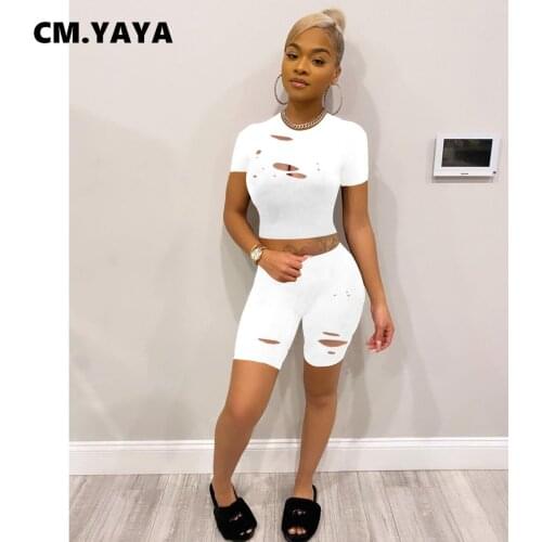 CM.YAYA Women Set Solid Hole Short Sleeve Crop Tops Strechy Shorts Two 2 Piece Sets Active Tracksuit Sporty Outfits Summer 2021
