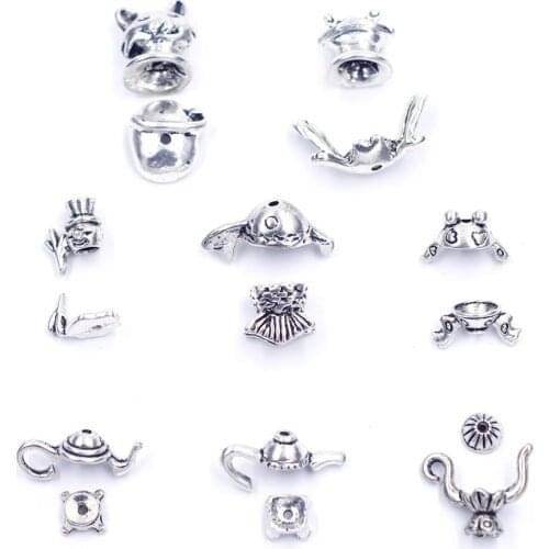 10Sets End Beads Cap Teapot Frog Snow Man Fish Cat Animal Silver Tone For Charms Bracelets Jewelry DIY Making Findings