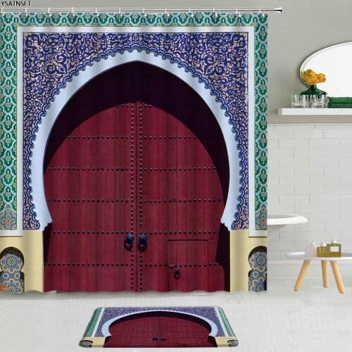2Pcs Moroccan Arches Shower Curtain Vintage Architecture Old Door Stone Wall Non-Slip Bath Mat Bathroom Curtains Set Decoration