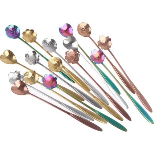 4PCS Flowers Design Gold Spoon Long Handle Dessert Stainless Steel Tea Coffee Mixing Spoon Vintage Teaspoons Drink Tableware