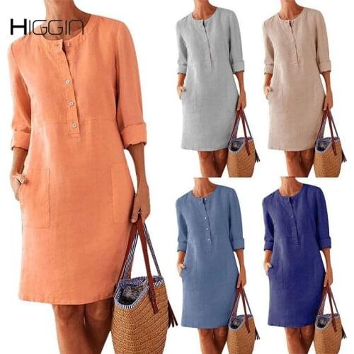 Big Size 5XL Cotton Linen Casual Dress Women Spring Summer Long Sleeve O-Neck Mid Dress Soild Oversized Loose Dress Vestidos
