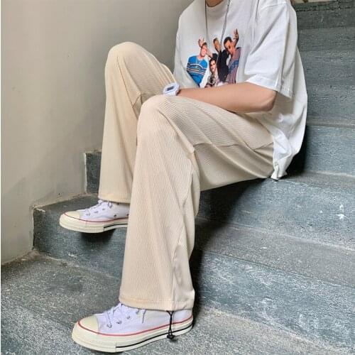 Korean Fashion Pleated Straight Pants Elastic Waist Casual Trousers Streetwear Loose Ice Silk Touch Mens Wide Leg Pants 4XL 5XL