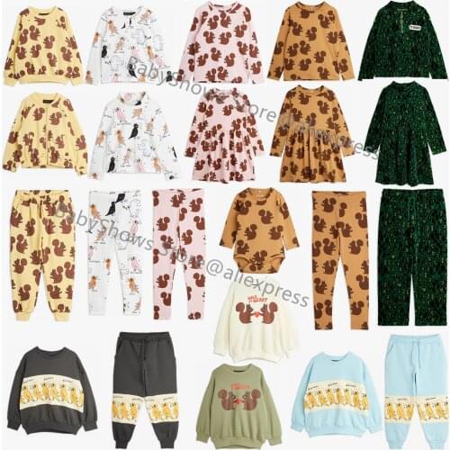 MR Brand 2021 Autumn Winter Kids Sweaters Pant Set Squirrel Bird Print Toddler Boys Sweatshirts Cotton Baby Girls Dress Clothes