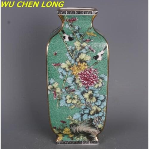 WU CHEN LONG Qing Dynasty Qianlong Enamel Painting Square Flower and Bird Vases Ceramics Antique Porcelain Collecting R5761