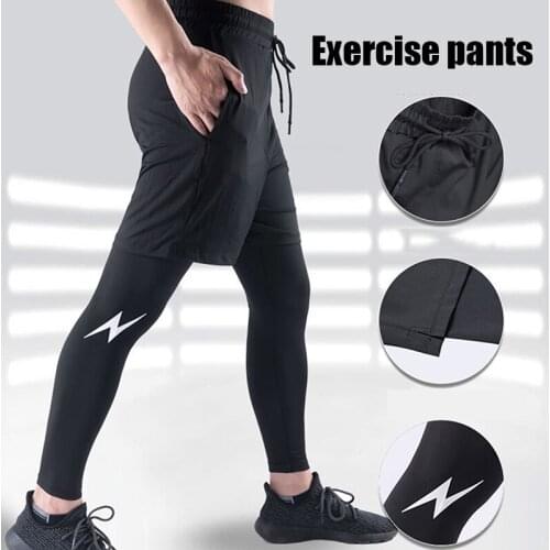 Fake Two-Piece Sports Pants Bodybuilding Sport Drawstring Quick-Dry Men Stretch Fitness Breathable Running Pants Gym M2