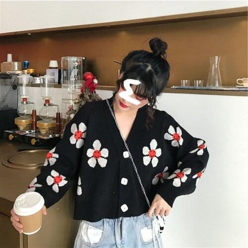 Women Floral Printed Knitted Loose Cardigan Long Sleeve V-neck Single-breasted Casual Short Sweater Ladies Elegant Wild Clothes