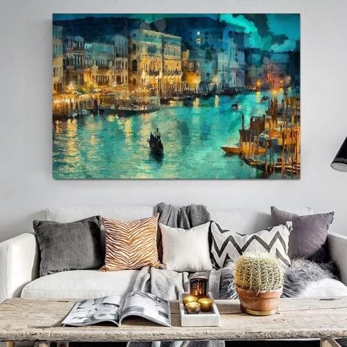 Laeacco Venice Night View Famous Oil Painting for Salon Cuadros Wall Decoration for Artwork Living Room Home Decor Wall Art