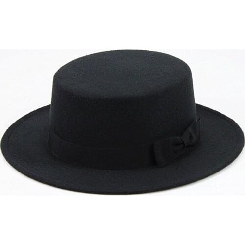 LUCKYLIANJI Wool Felt Pork Pie Boater Flat Top Hat For Womens Mens Wide Brim Fedora Gambler Hat Bowknot Band Ornaments 57cm