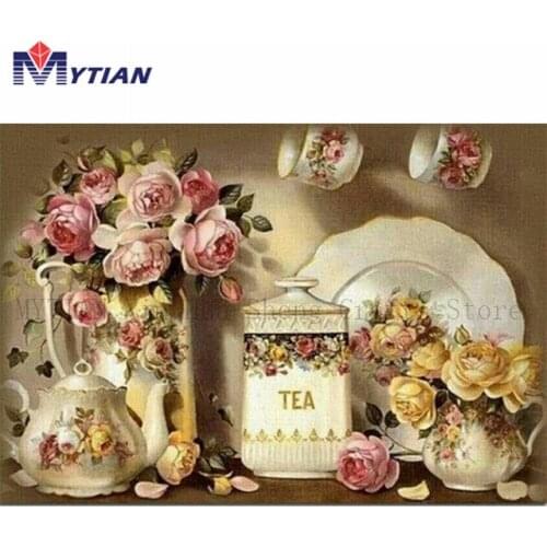 MYTIAN 5D DIY Diamond Painting Approx Tea Time with Pink Flowers,3d Diamond Embroidery Art Kit Full Drill Mosaic Wall Sticker