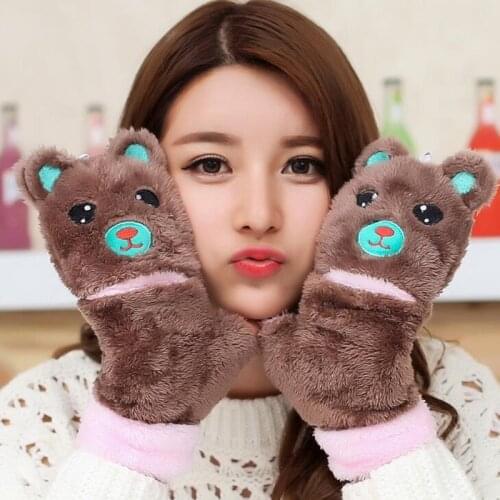 2017 New Women Lovely Cartoon Bear Mittens Winter Female Plush Half Finger With Lid Fingerless Gloves Ladies Warm Gloves G88