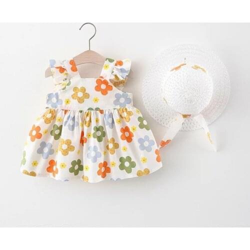 2021 Summer New Baby Kids Girls Dress Print Floral Princess Dress+Bow Hat Toddler Kids Clothes Outfits Childrens Clothing