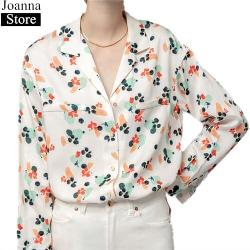 Spring New Printed Shirts Women Long Sleeve Single-Breasted Vintage Elegant Blouse Lapel Floral Soft Casual Plus Size Wild Tops