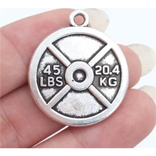 BULK 30 Zinc Alloy Metal 45lbs Weight Plate Charms Antique Silver Plated Crossfit Weightlifting Pendant 24*28mm 4.4g