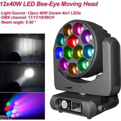 Professional 12x40W LED Bee-Eye Moving Head Lights Zoom Wash Beam 3in1 Light With Point Control Stage DJ Party Effect Lighting