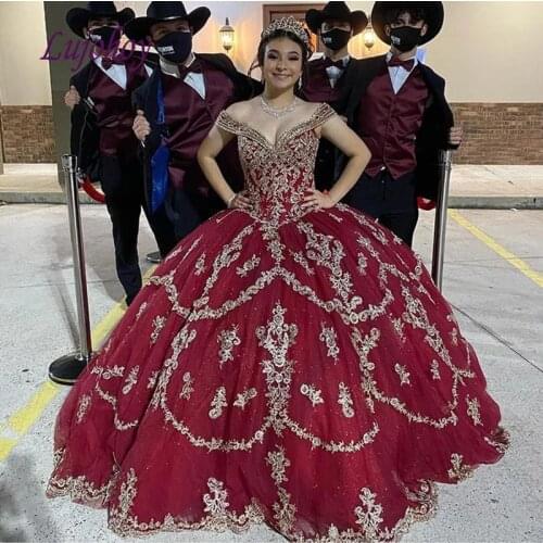 Luxury Red Gold Quinceanera Dresses Ball Gown Sequin Corset Plus Size Mexican 15 year old Sixteen Princess Sweet 16 Prom Dress