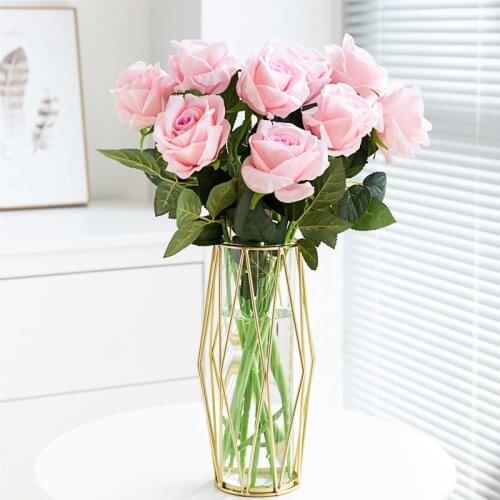 Luxury Transparent Glass Vases With Metal Golden Small Vase Geometric Hydroponic Vase Home Room Flower Decoration Ornaments