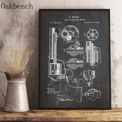 Hand Gun Patent Vintage Poster And Prints Revolving Fire Arm Art Print Pistol Blueprint Wall Pictures Military Decorations