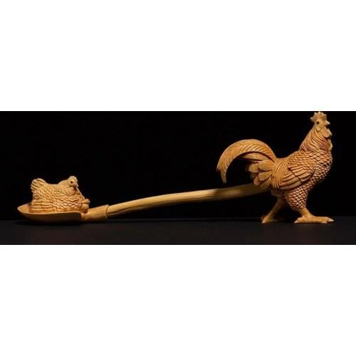 Lucky Fortune Golden Chicken Animal Sculpture Small Decoration Gold Spoon Yellow Wood Carving Decoration Zodiac Chicken Crafts