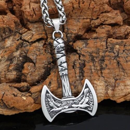 Nordic viking Raven Axe Stainlee Steel amulet Talisman Pendant necklace with viking gift bag
