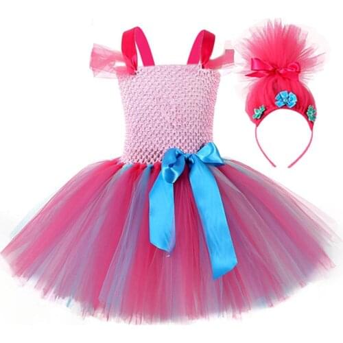 Girls Fairy Tangled Rapunzel Trolls Party Dresses for Kids Poppy Flowers Girls Dress Child Trolls Poppy Tutu Dress with Headband