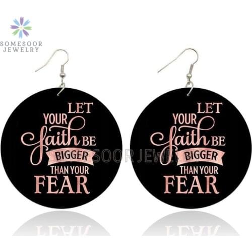SOMESOOR Both Sides Printed Inspire Black Sayings Wooden Drop Earrings Fear Let Faith Bigger Writings Art Loops For Women Gifts