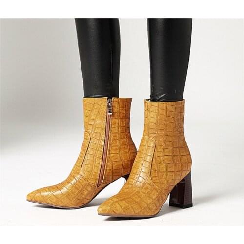 YMECHIC Fashion High Heel Boots Yellow Blue Black Pointed Toe Winter Shoes Block Heels Embossing Plaid Riding Ankle Boots Female