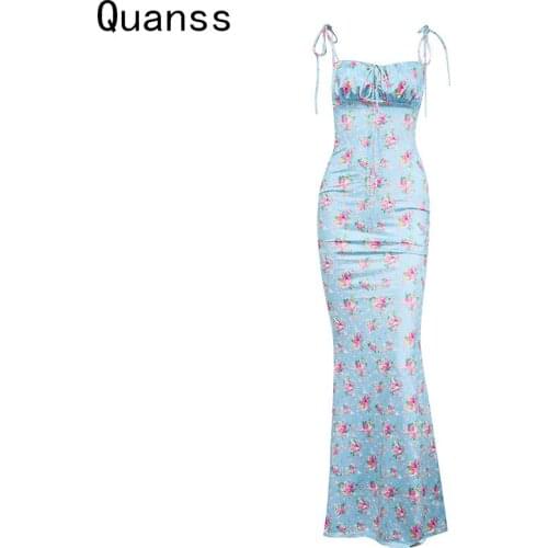 Quanss Summer Floral Print Maxi Dresses Women Backless Lace-Up Spaghetti Strap Sexy Hollow Out Casual Bodycon Long Dress