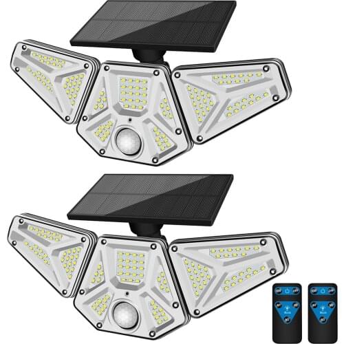 113LED 2 Pack Motion Sensor 3 Modes Remote Control 180 Angle Adjustable Spotlights for Garage Solar Security Light Outdoor
