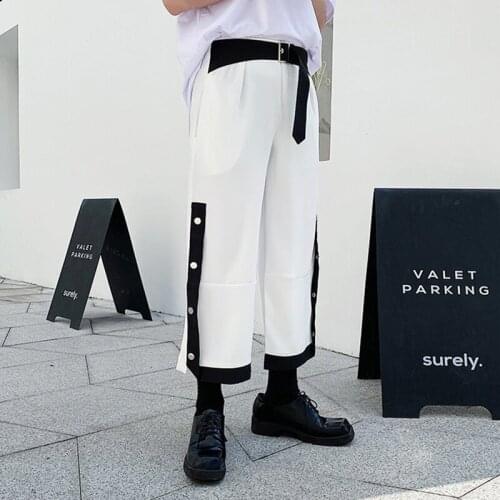 Wide Leg Pants Men Fashion Summer Personality Black And White Hit Color Hair Stylist Casual Pants Loose Vintage Cropped Pants