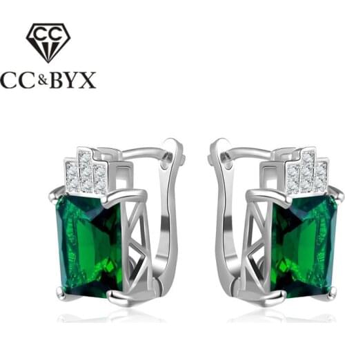CC Fashion Jewelry Silver Earrings For Women Luxury Green Stone Square Clip Earring Engagement Bride Wedding Bijoux CCE175